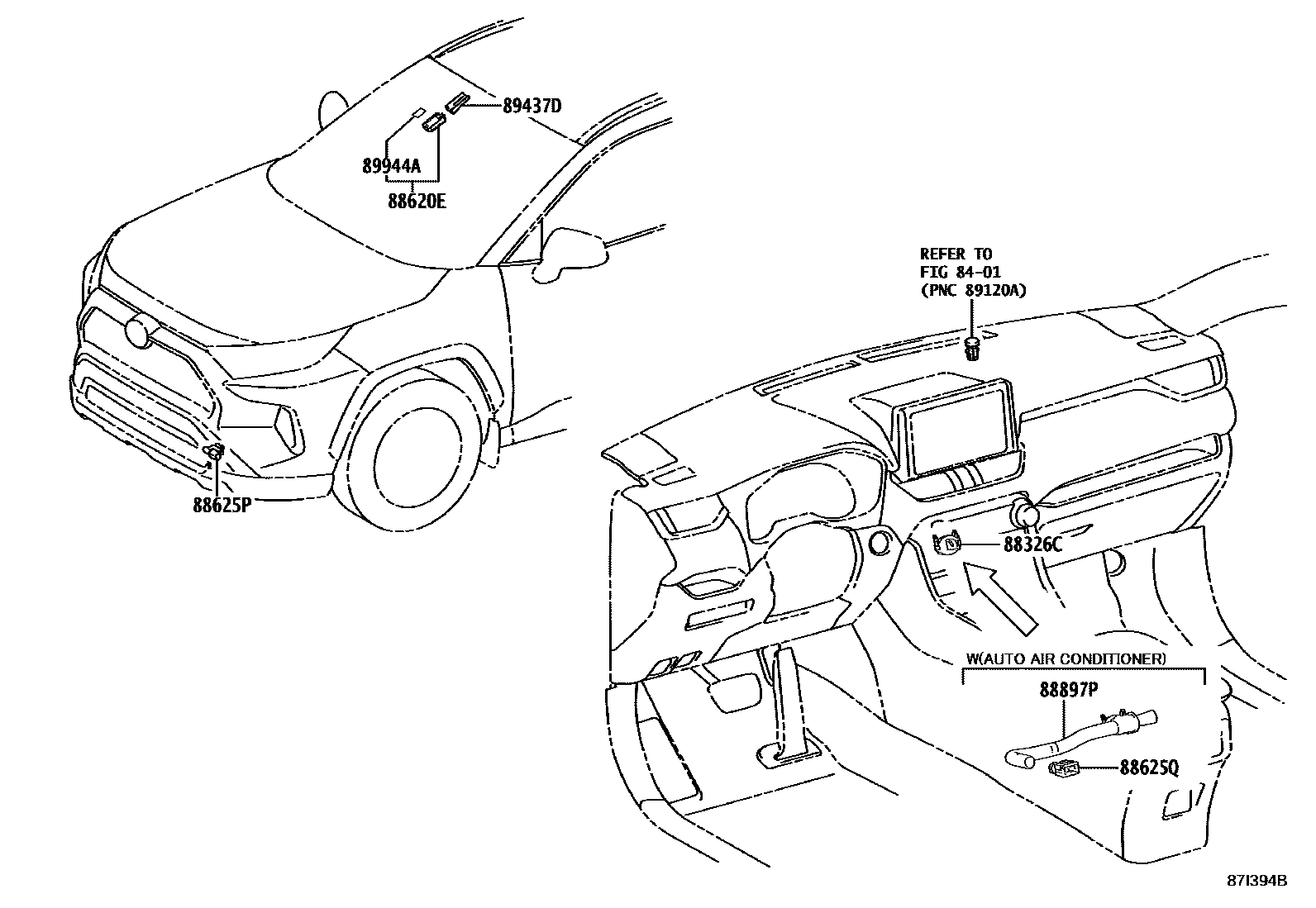 Toyota RAV4 暖风和空调系统 - 控制器和风管 EPC diagram — 87I394B
