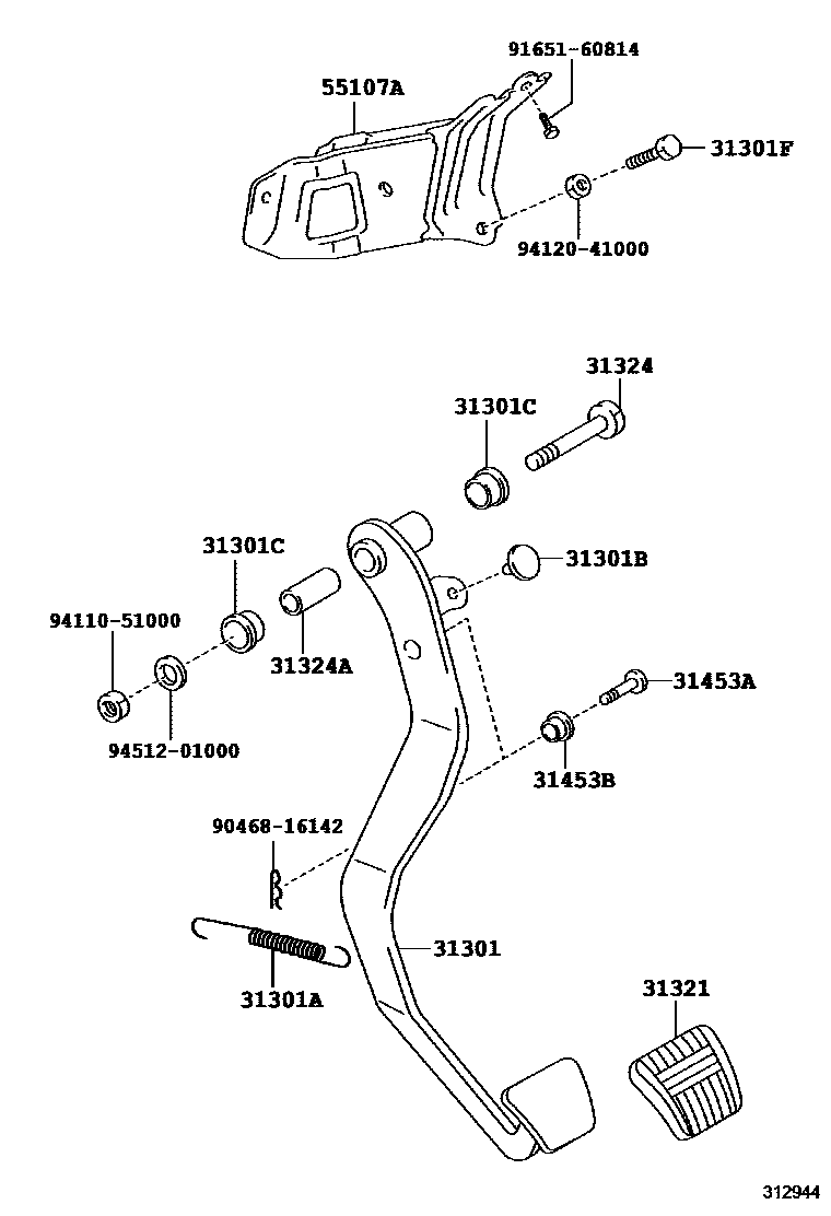 Toyota RAV4 离合器踏板和挠性软管 EPC diagram — 312944