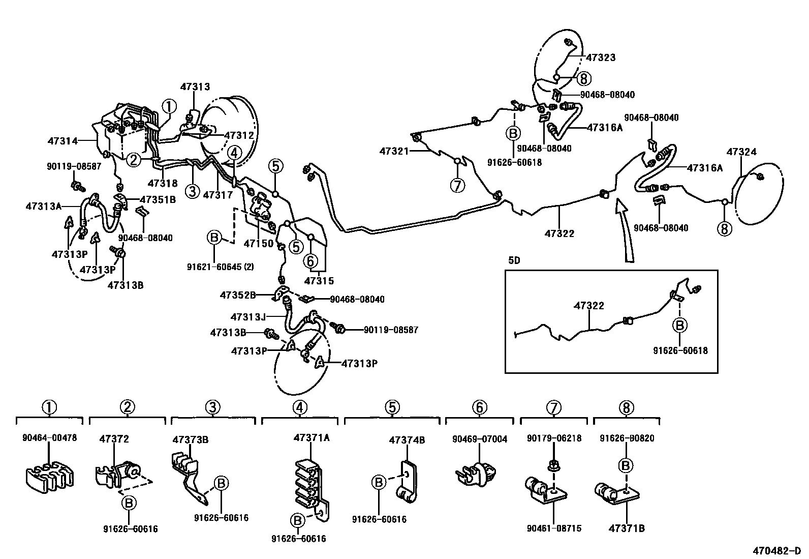 Toyota RAV4 制动配管和卡箍 EPC diagram — 470482D