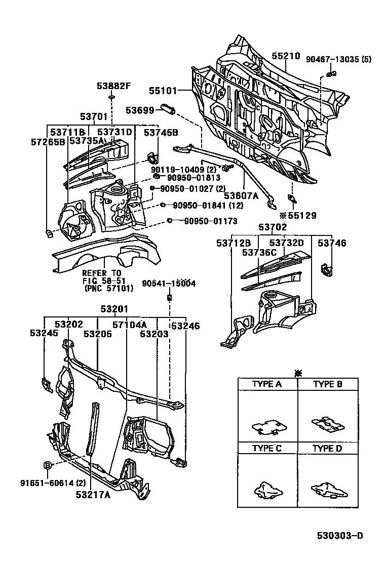 Toyota RAV4 前翼子板挡泥板和前围板 EPC diagram — 530303D