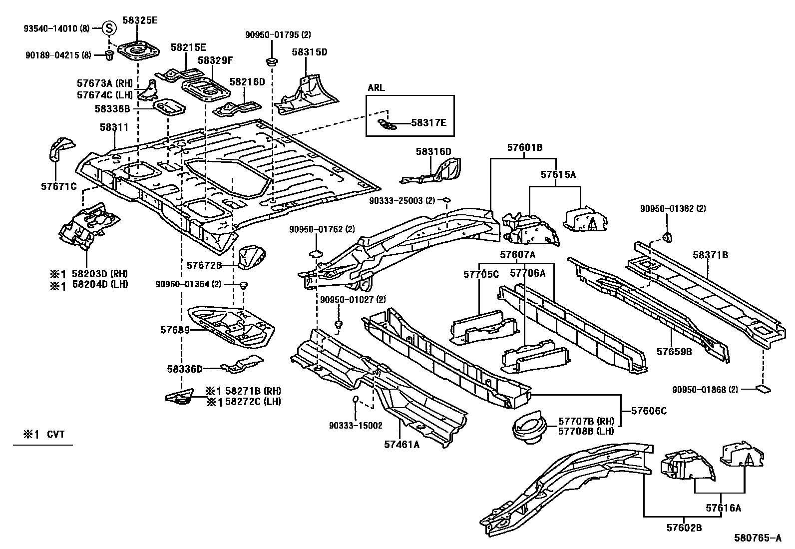Toyota RAV4 后地板和后地板梁 EPC diagram — 580765A