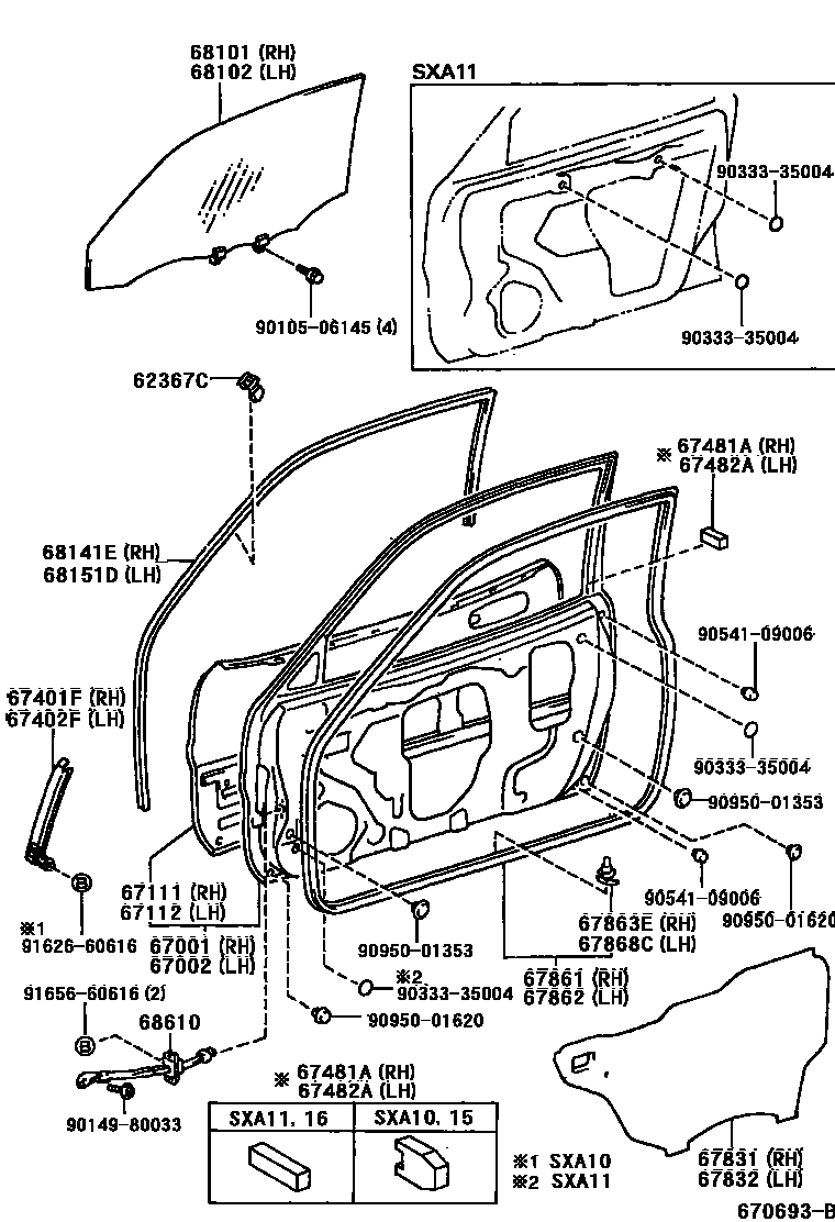 Toyota RAV4 前门板和前门玻璃 EPC diagram — 670693B