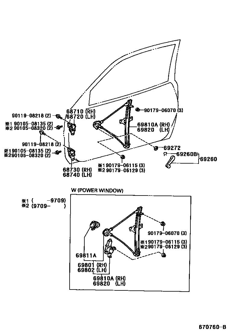 Toyota RAV4 前门车窗升降器和合页 EPC diagram — 670760B