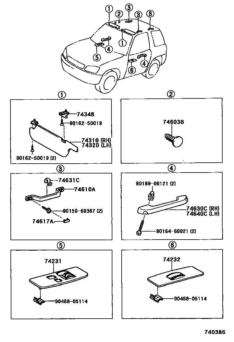 Toyota RAV4 扶手和遮阳板 EPC diagram — 740386
