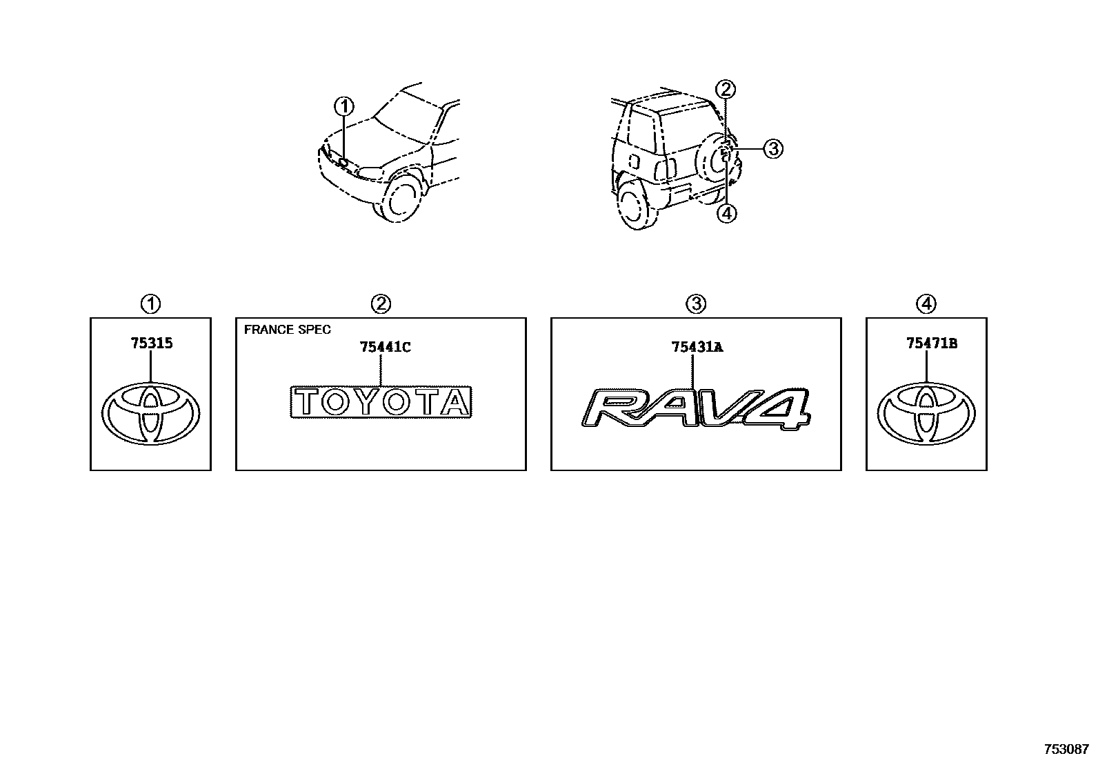 Toyota RAV4 徽标和铭牌 EPC diagram — 753087