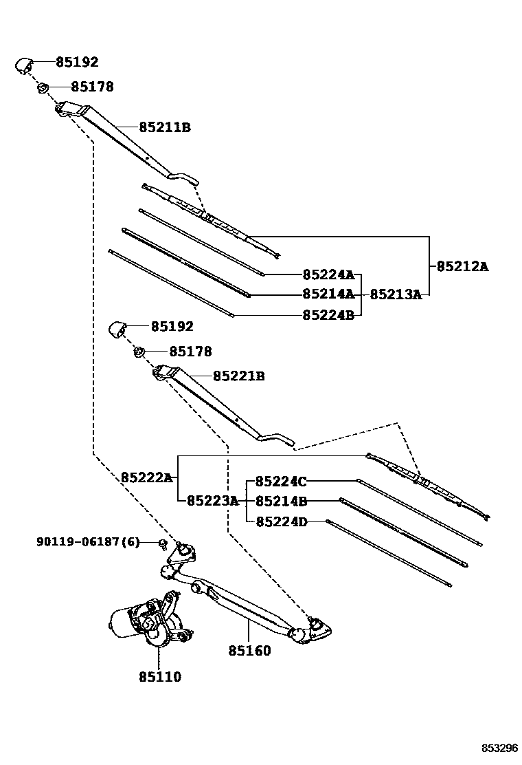 Toyota RAV4 挡风玻璃刮水器 EPC diagram — 853296