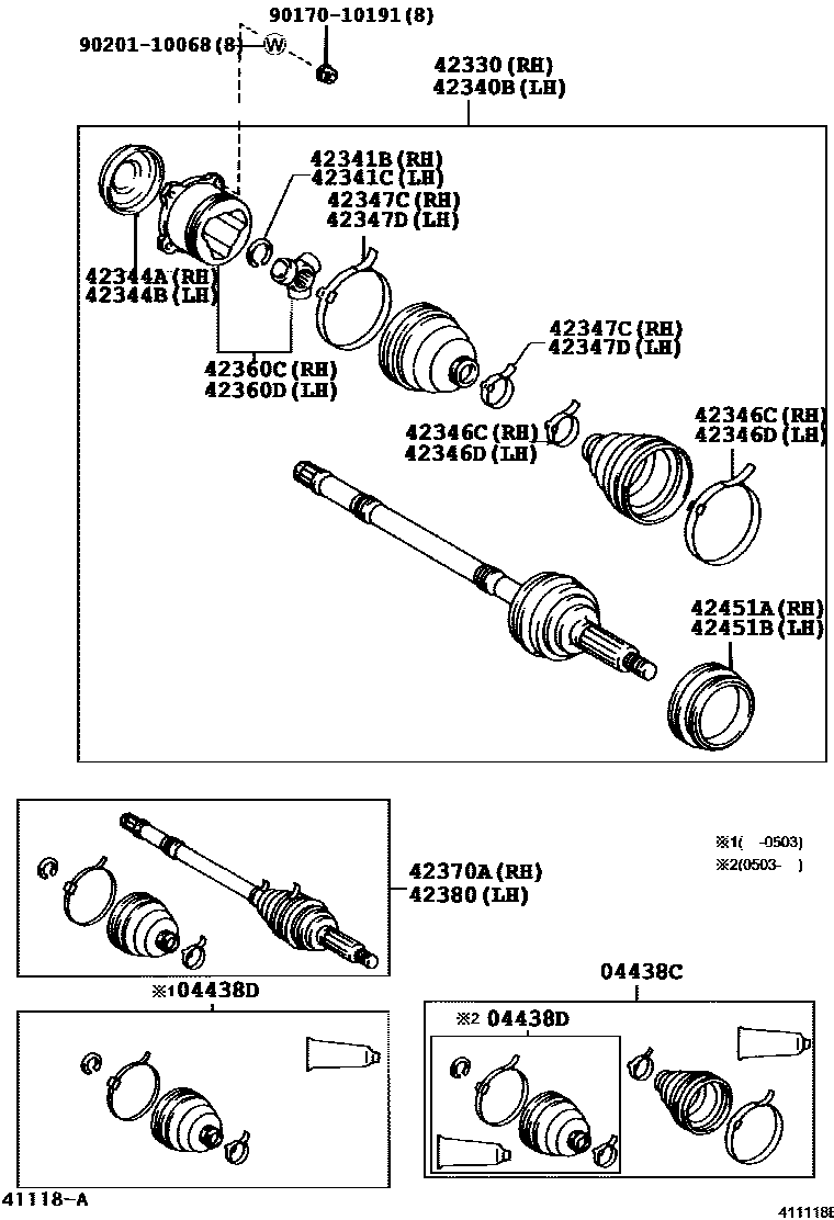 Toyota RAV4 后桥半轴和后桥轮毂 EPC diagram — 411118E