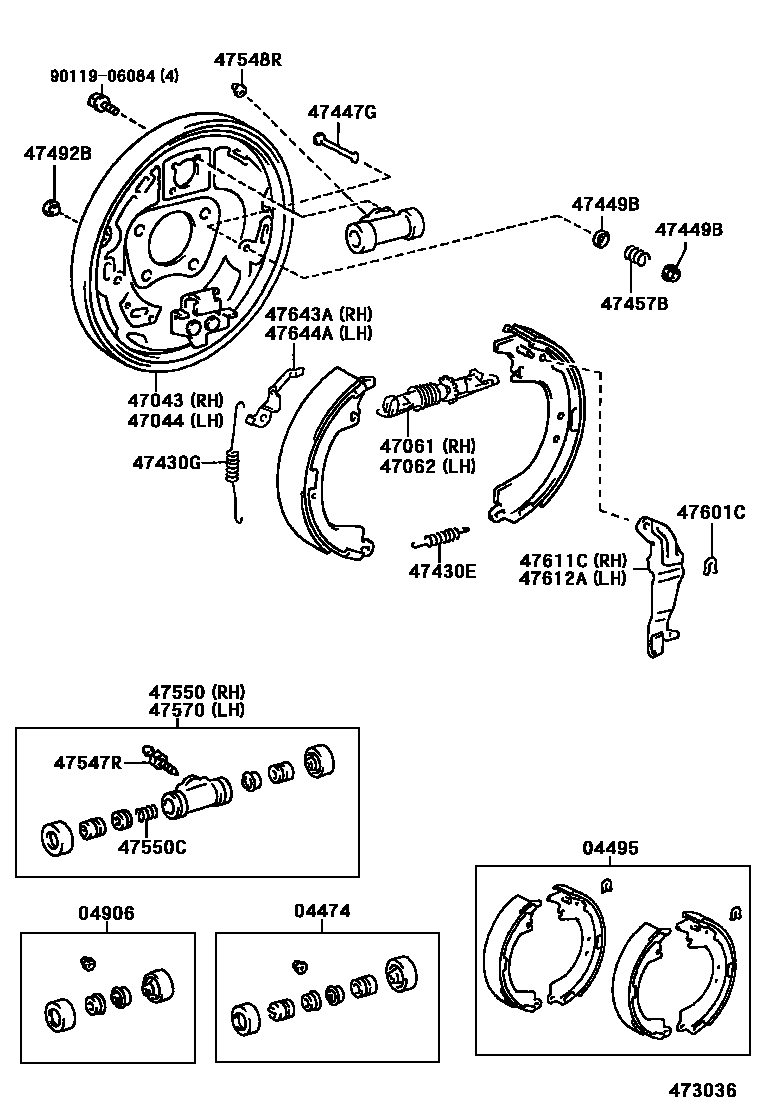 Toyota RAV4 后鼓式制动器分泵和底板 EPC diagram — 473036