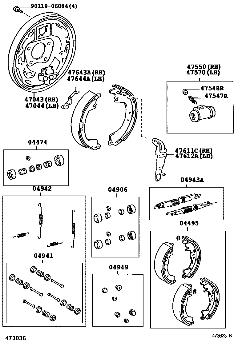 Toyota RAV4 后鼓式制动器分泵和底板 EPC diagram — 473623B