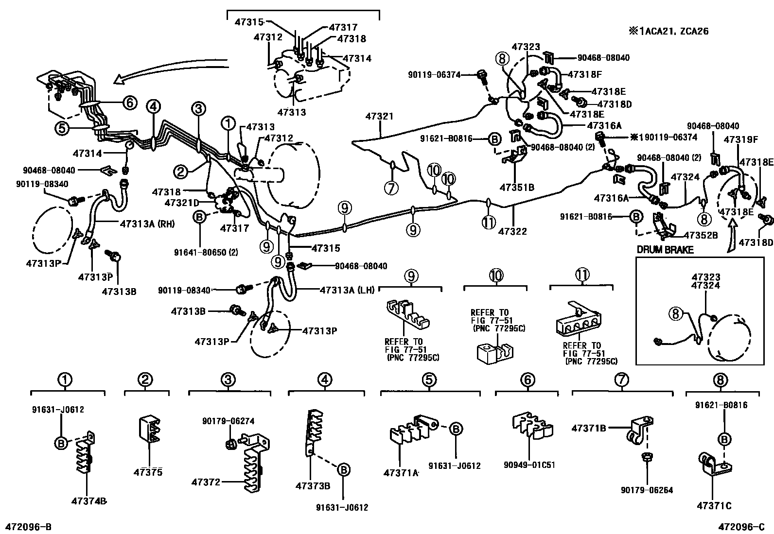 Toyota RAV4 制动配管和卡箍 EPC diagram — 472096C
