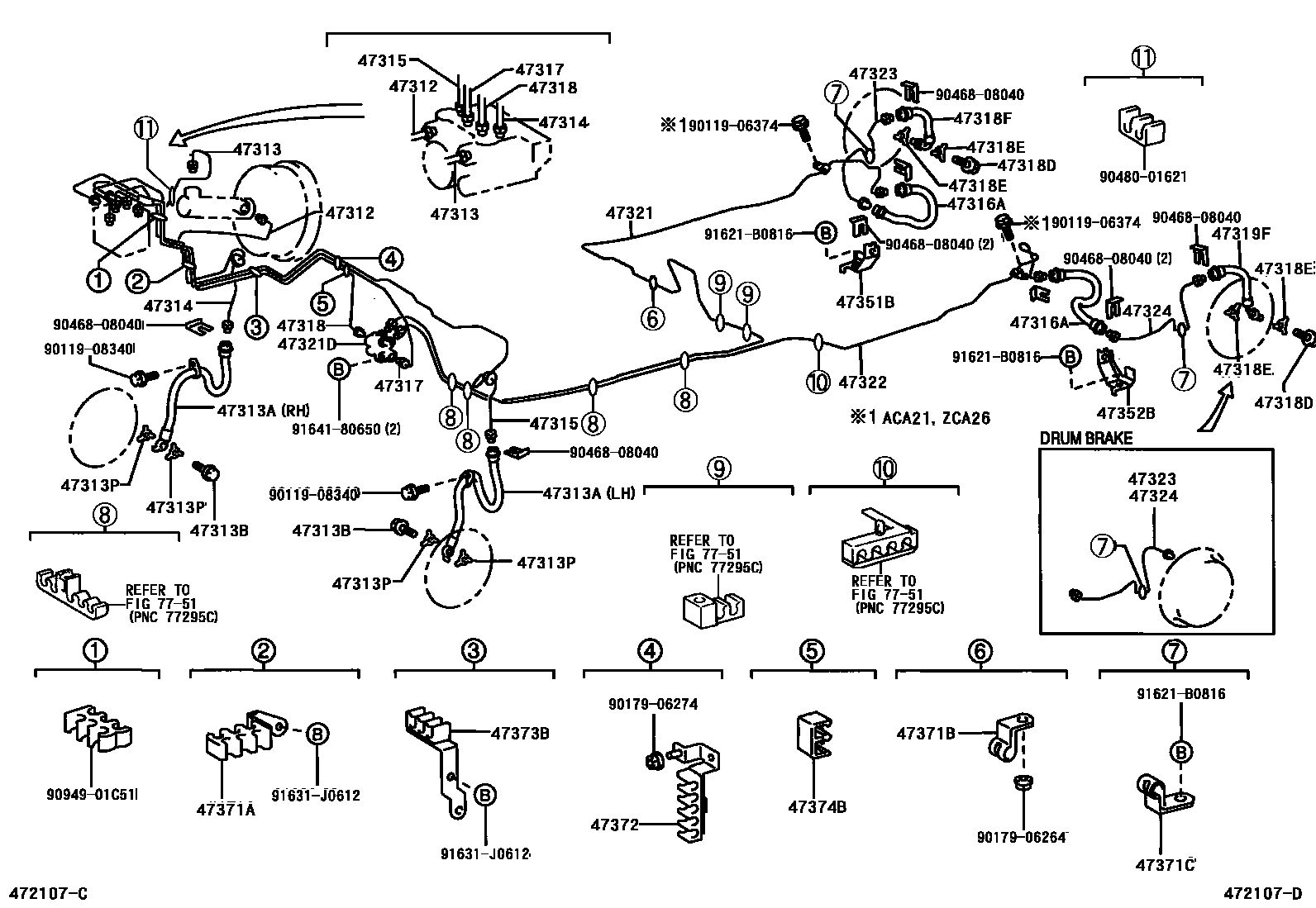 Toyota RAV4 制动配管和卡箍 EPC diagram — 472107D