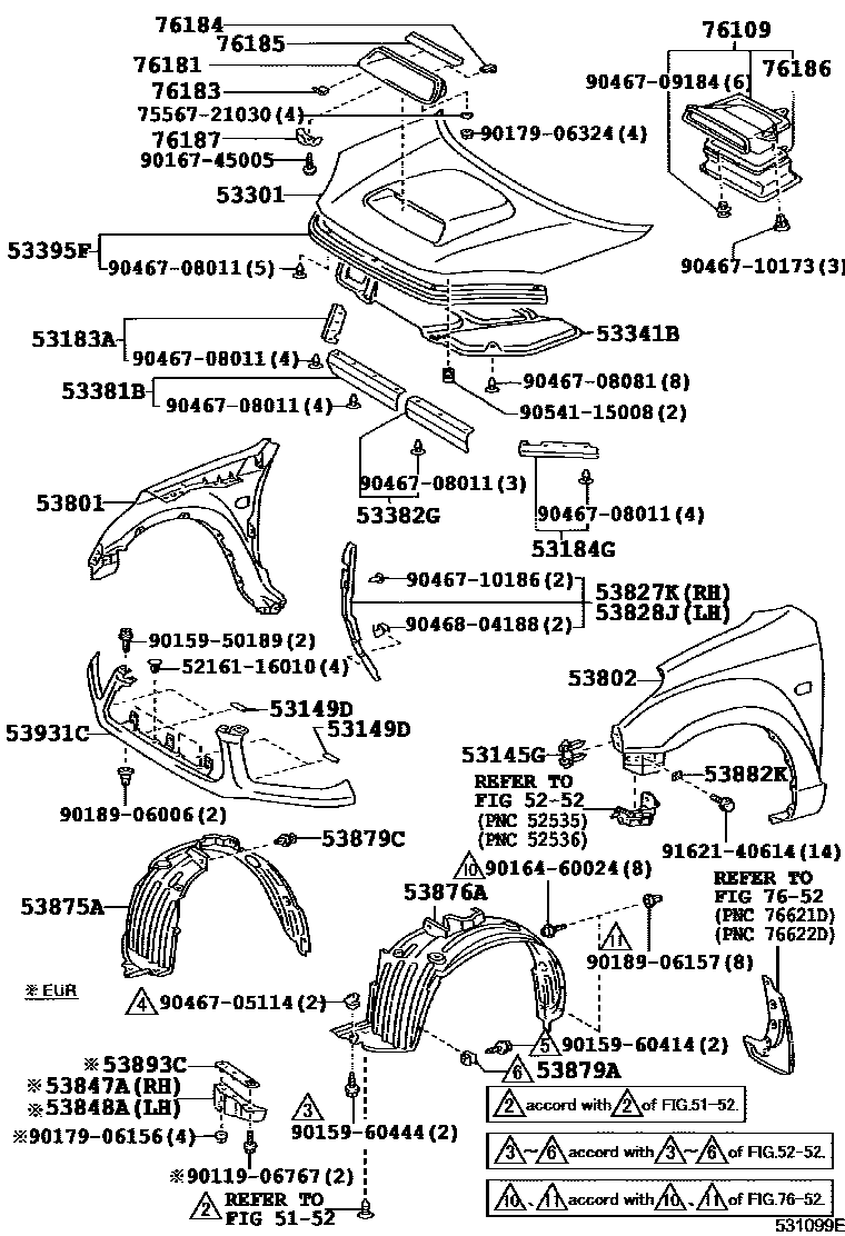 Toyota RAV4 发动机盖和前翼子板 EPC diagram — 531099E