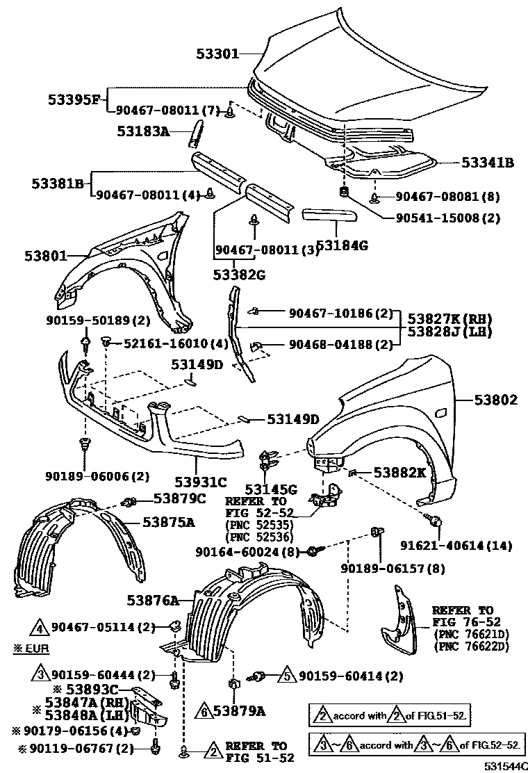 Toyota RAV4 发动机盖和前翼子板 EPC diagram — 531544C