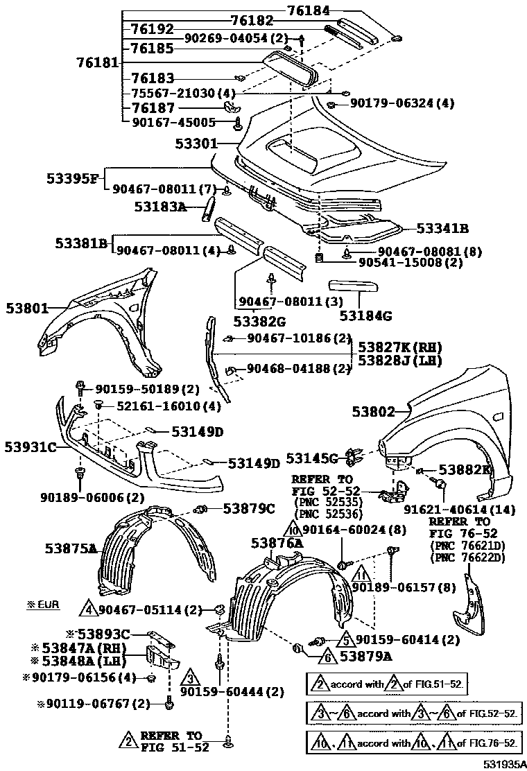 Toyota RAV4 发动机盖和前翼子板 EPC diagram — 531935A