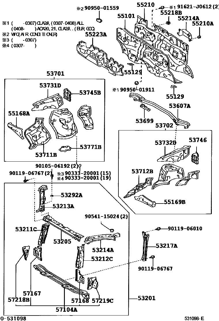 Toyota RAV4 前翼子板挡泥板和前围板 EPC diagram — 531098E