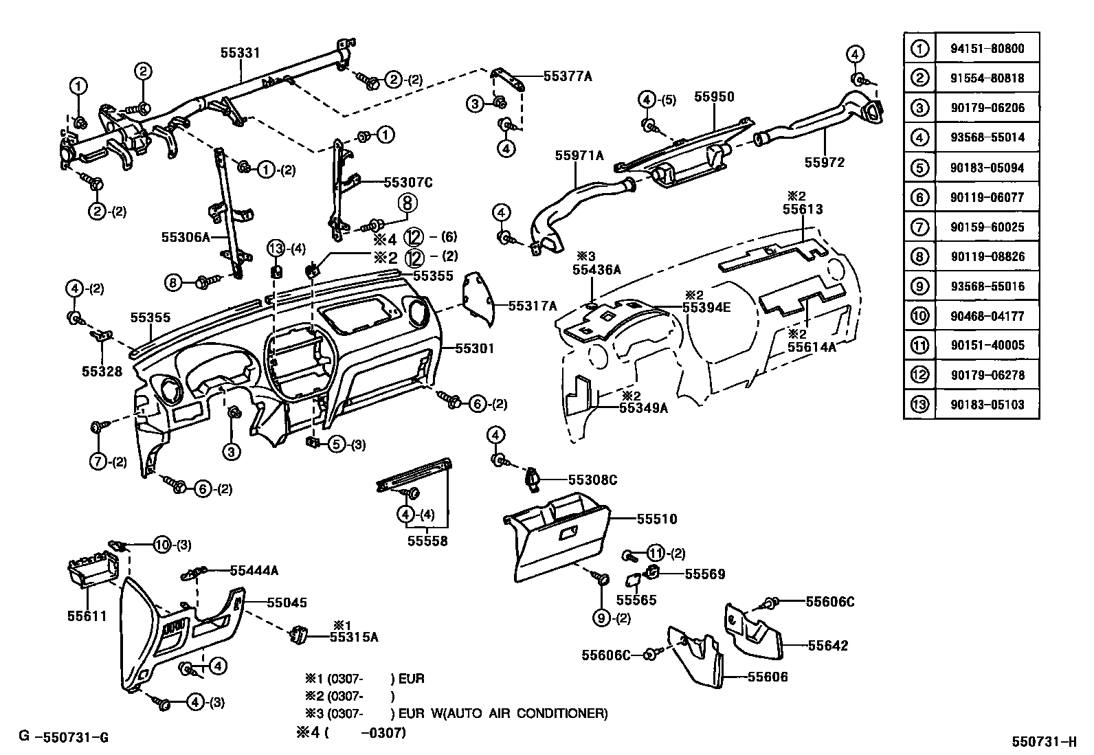 Toyota RAV4 仪表板和手套箱 EPC diagram — 550731H