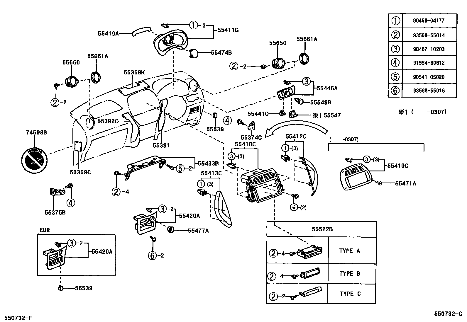 Toyota RAV4 仪表板和手套箱 EPC diagram — 550732G