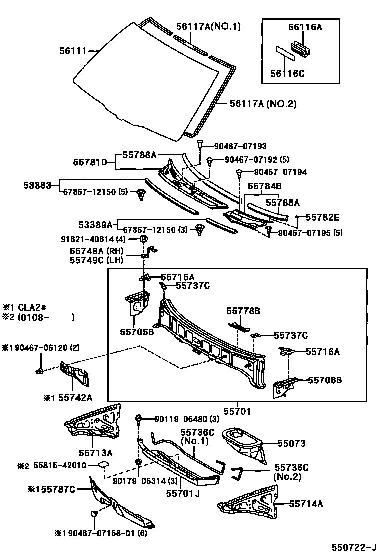 Toyota RAV4 前围板和挡风玻璃 EPC diagram — 550722J