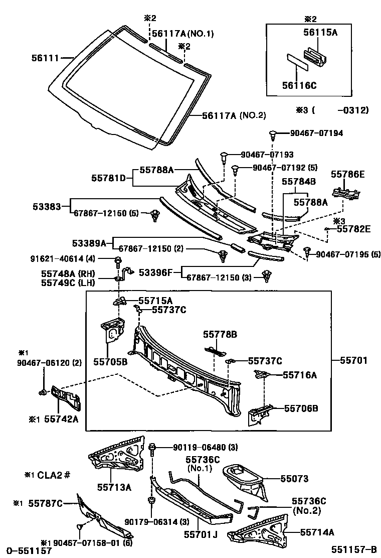 Toyota RAV4 前围板和挡风玻璃 EPC diagram — 551157B