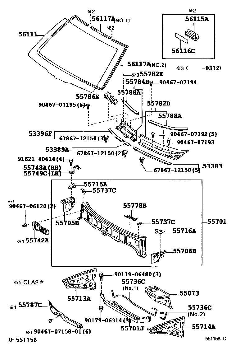 Toyota RAV4 前围板和挡风玻璃 EPC diagram — 551158C
