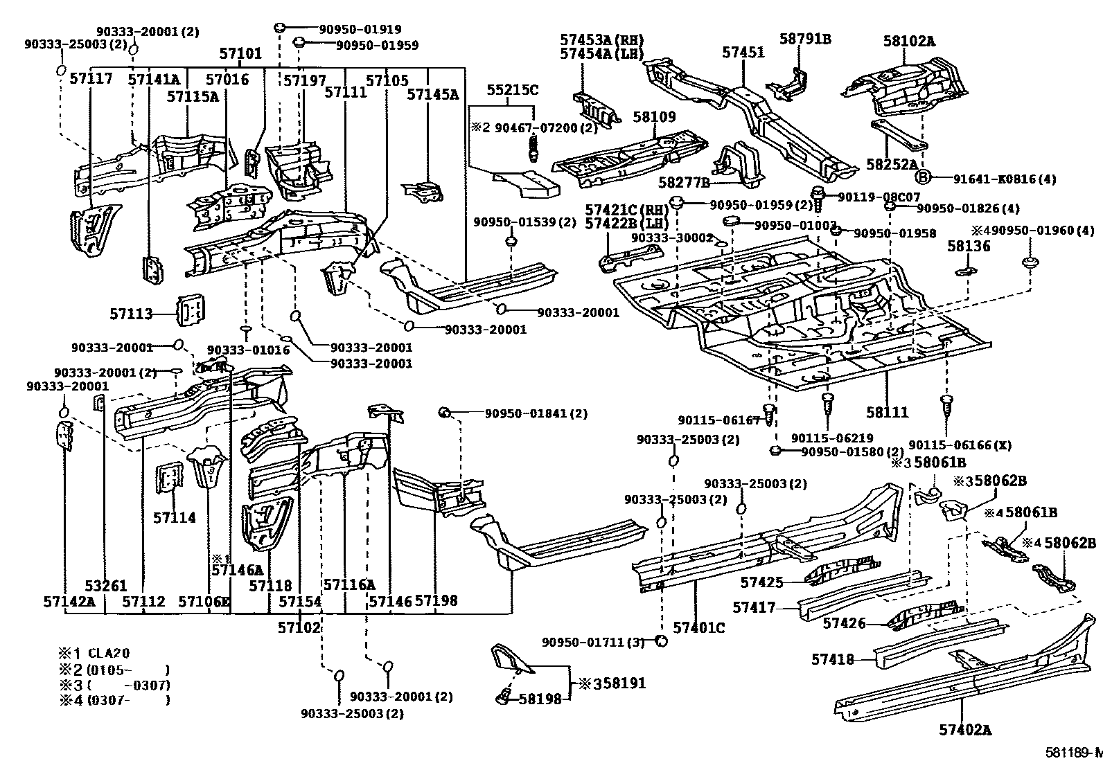 Toyota RAV4 前地板和前地板梁 EPC diagram — 581189M