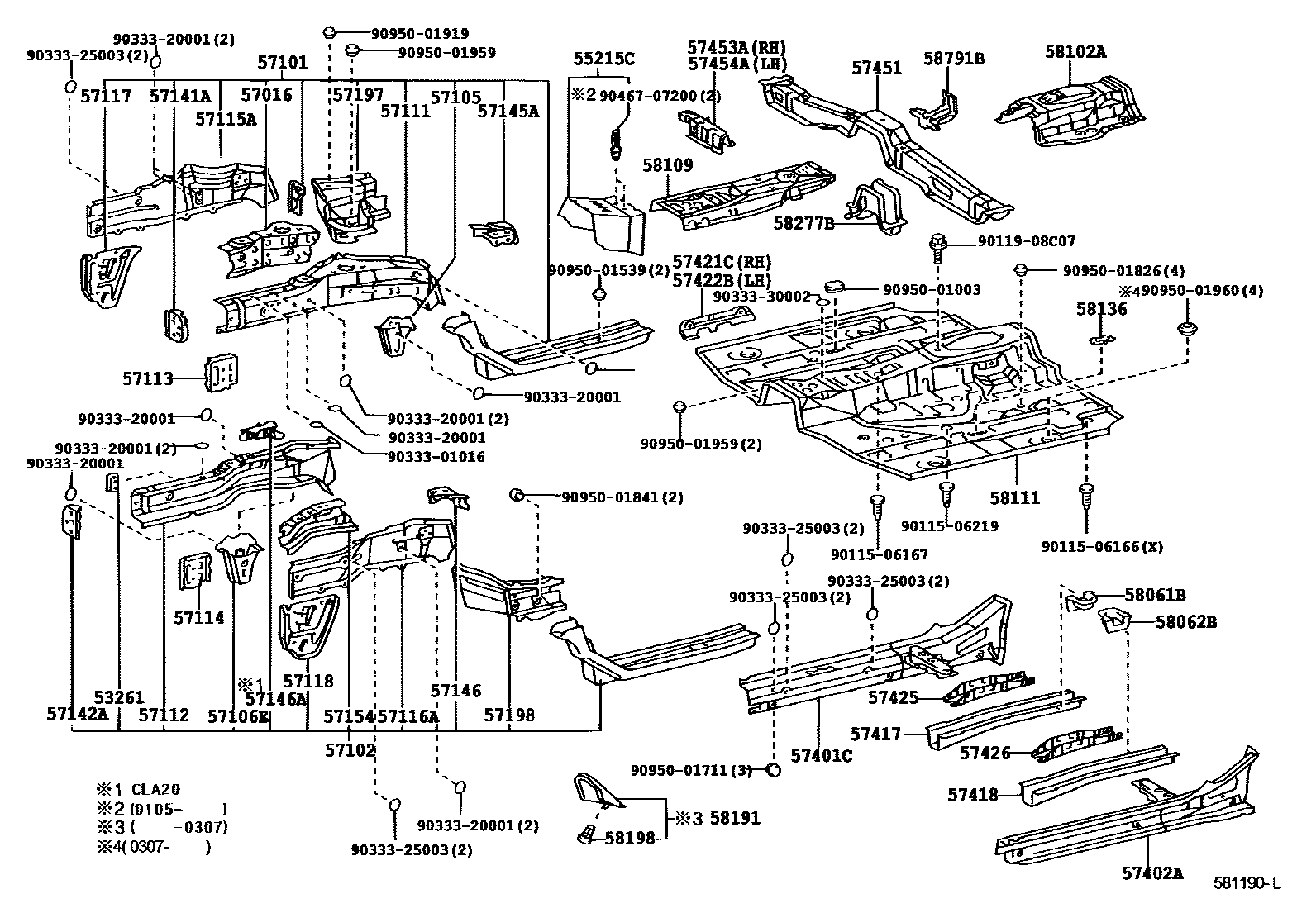 Toyota RAV4 前地板和前地板梁 EPC diagram — 581190L