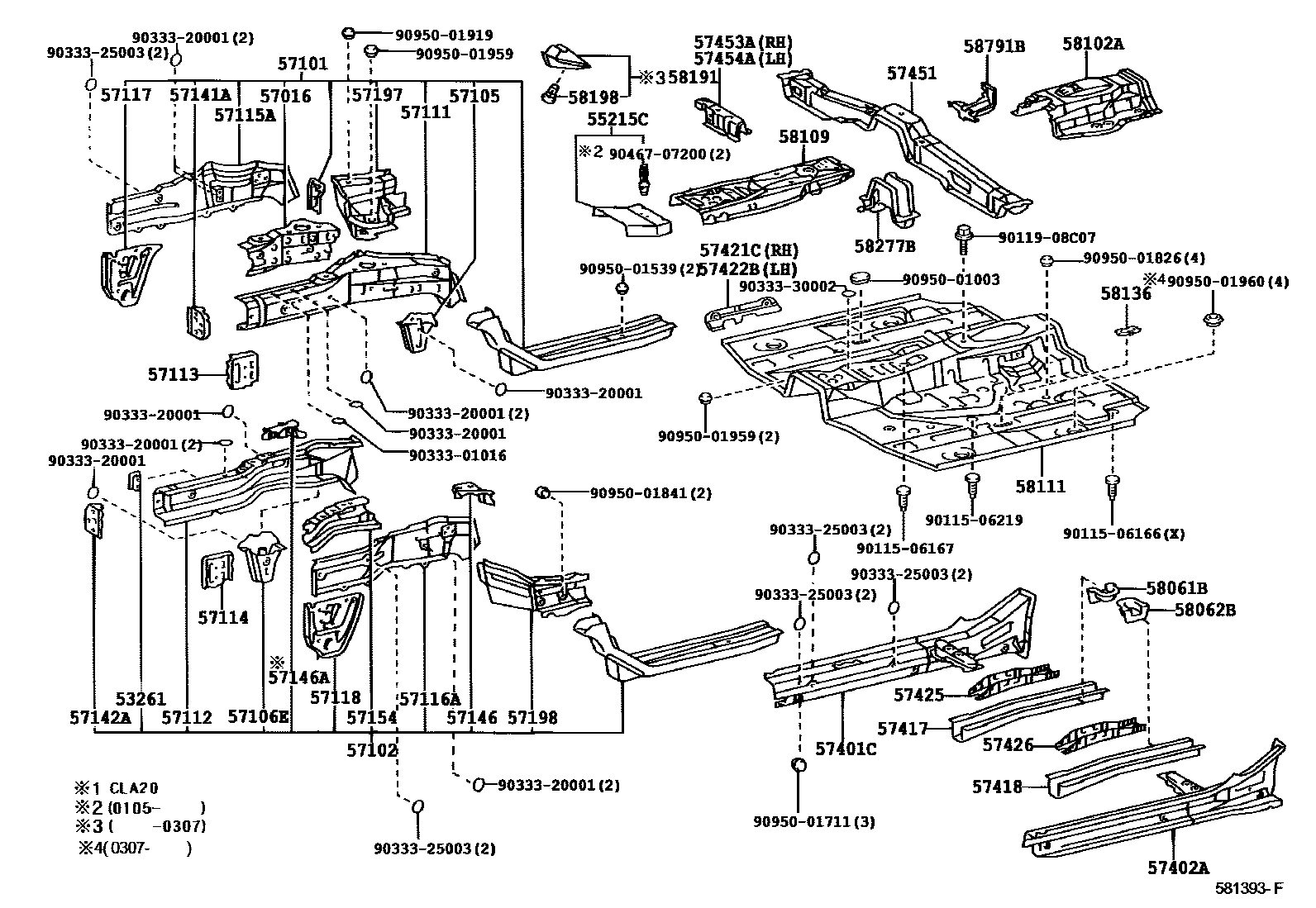 Toyota RAV4 前地板和前地板梁 EPC diagram — 581393F