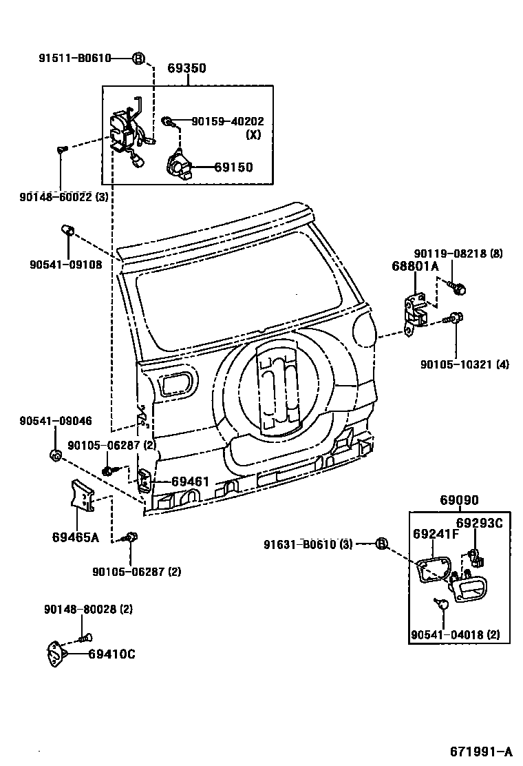 Toyota RAV4 背门锁和合页 EPC diagram — 671991A