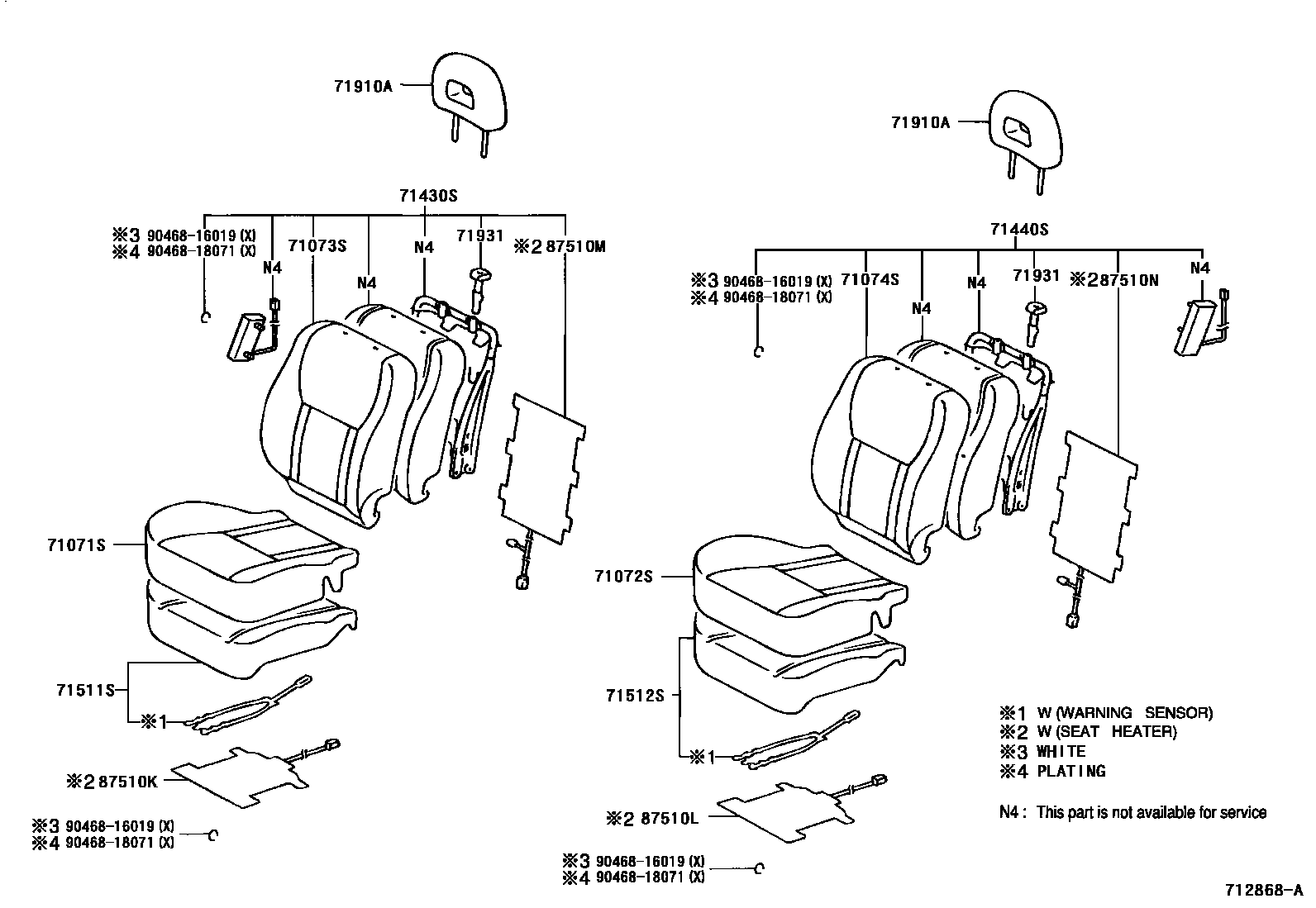 Toyota RAV4 座椅和座椅滑轨 EPC diagram — 712868A