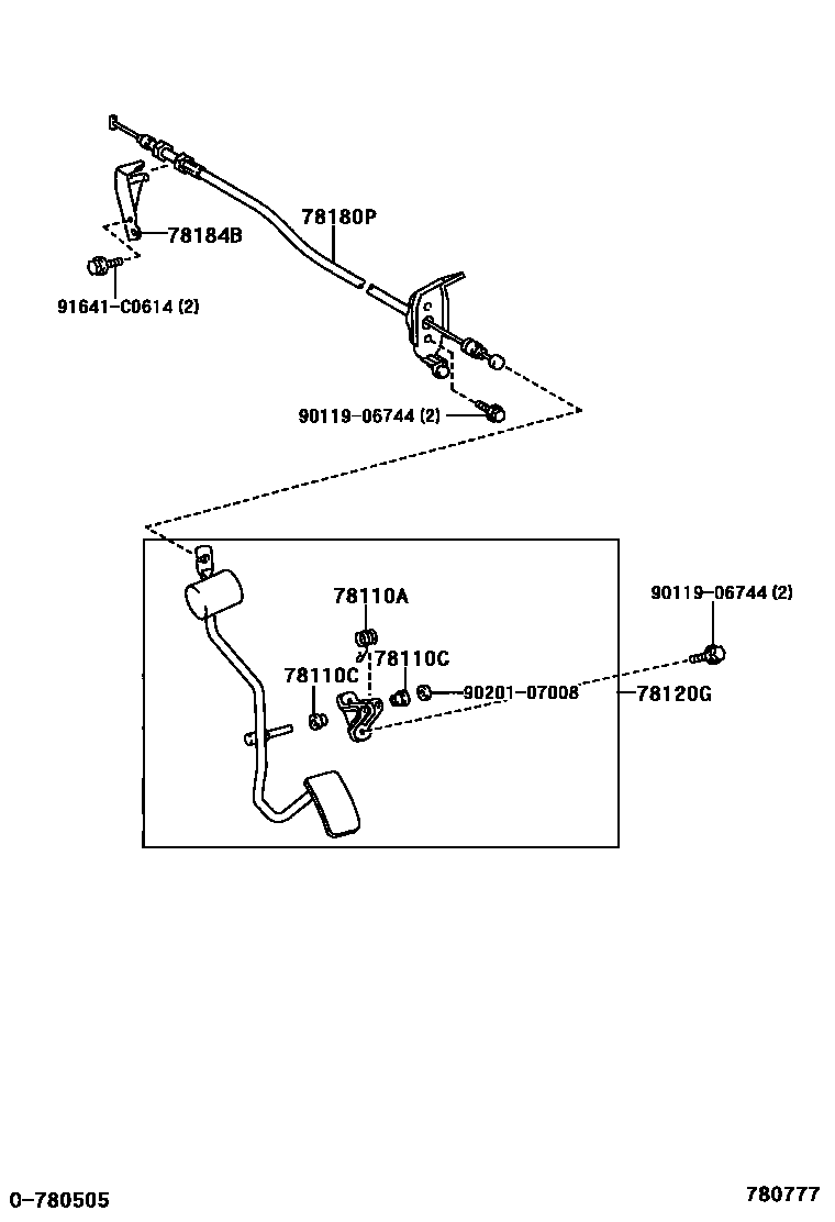 Toyota RAV4 accelerator pedal connecting rod EPC diagram — 780777
