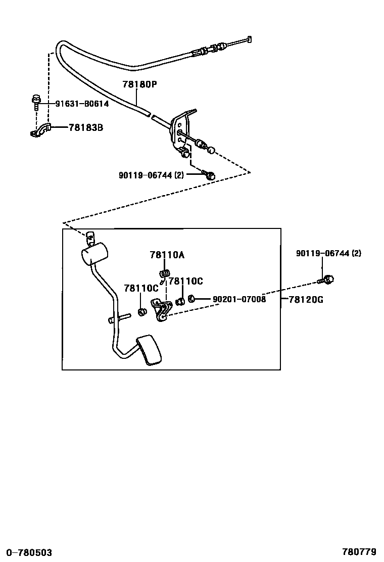 Toyota RAV4 accelerator pedal connecting rod EPC diagram — 780779