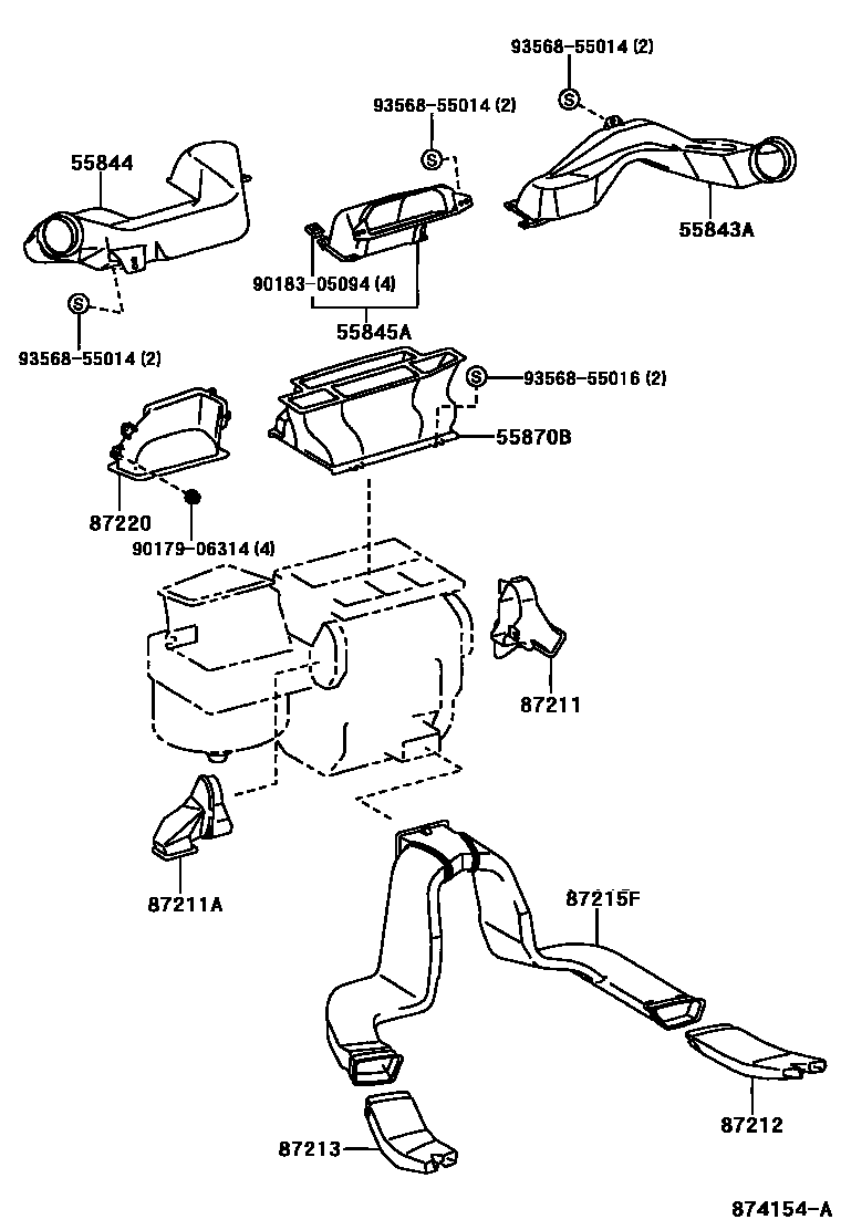 Toyota RAV4 暖风和空调系统 - 控制器和风管 EPC diagram — 874154A