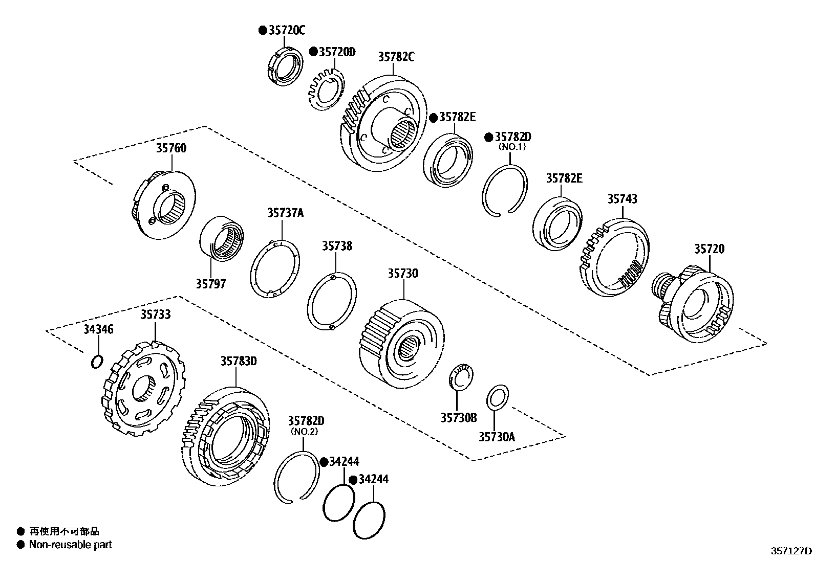 Toyota RAV4 行星齿轮、倒档活塞和中间轴齿轮(ATM) EPC diagram — 357127D