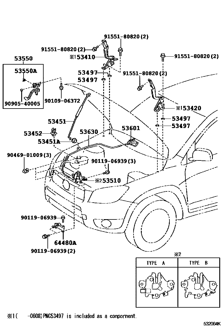 Toyota RAV4 发动机盖锁和铰链 EPC diagram — 532064K