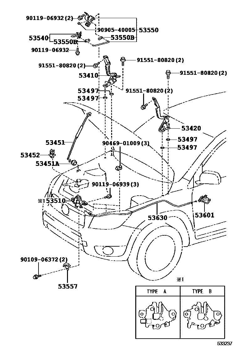 Toyota RAV4 发动机盖锁和铰链 EPC diagram — 533237