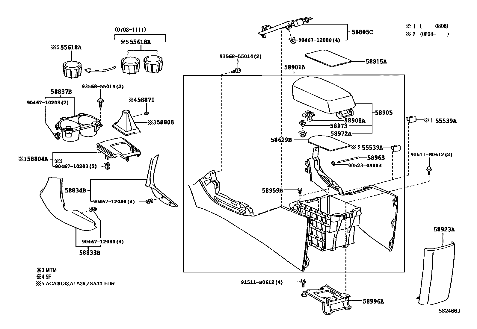 Toyota RAV4 中央扶手箱和支架 EPC diagram — 582466J