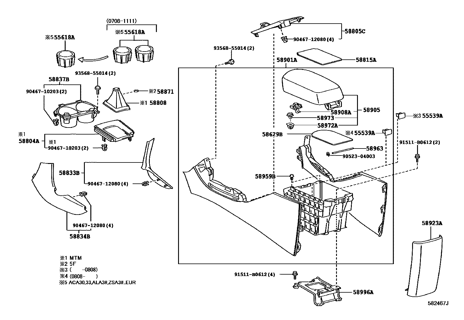 Toyota RAV4 中央扶手箱和支架 EPC diagram — 582467J