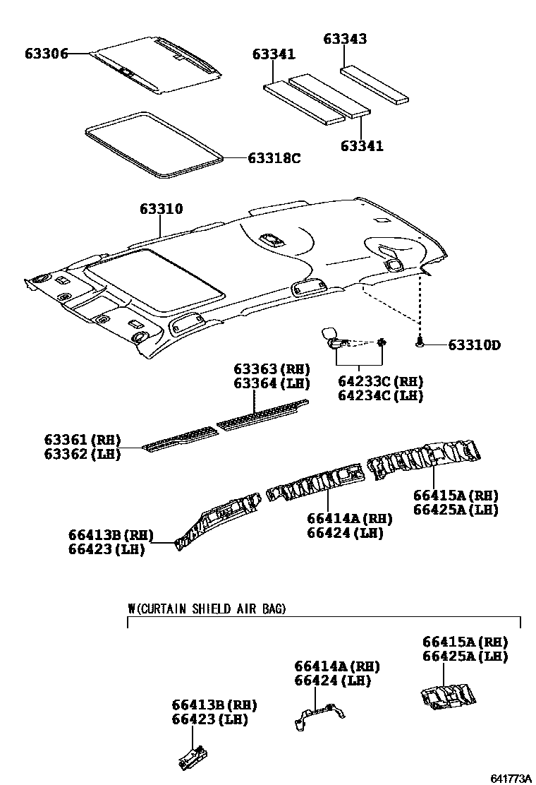 Toyota RAV4 车顶内衬和消声垫 EPC diagram — 641773A