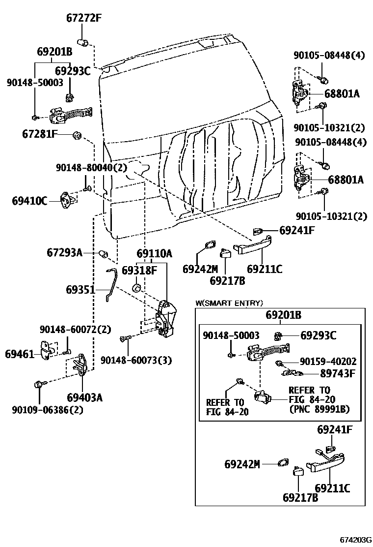 Toyota RAV4 背门锁和合页 EPC diagram — 674203G