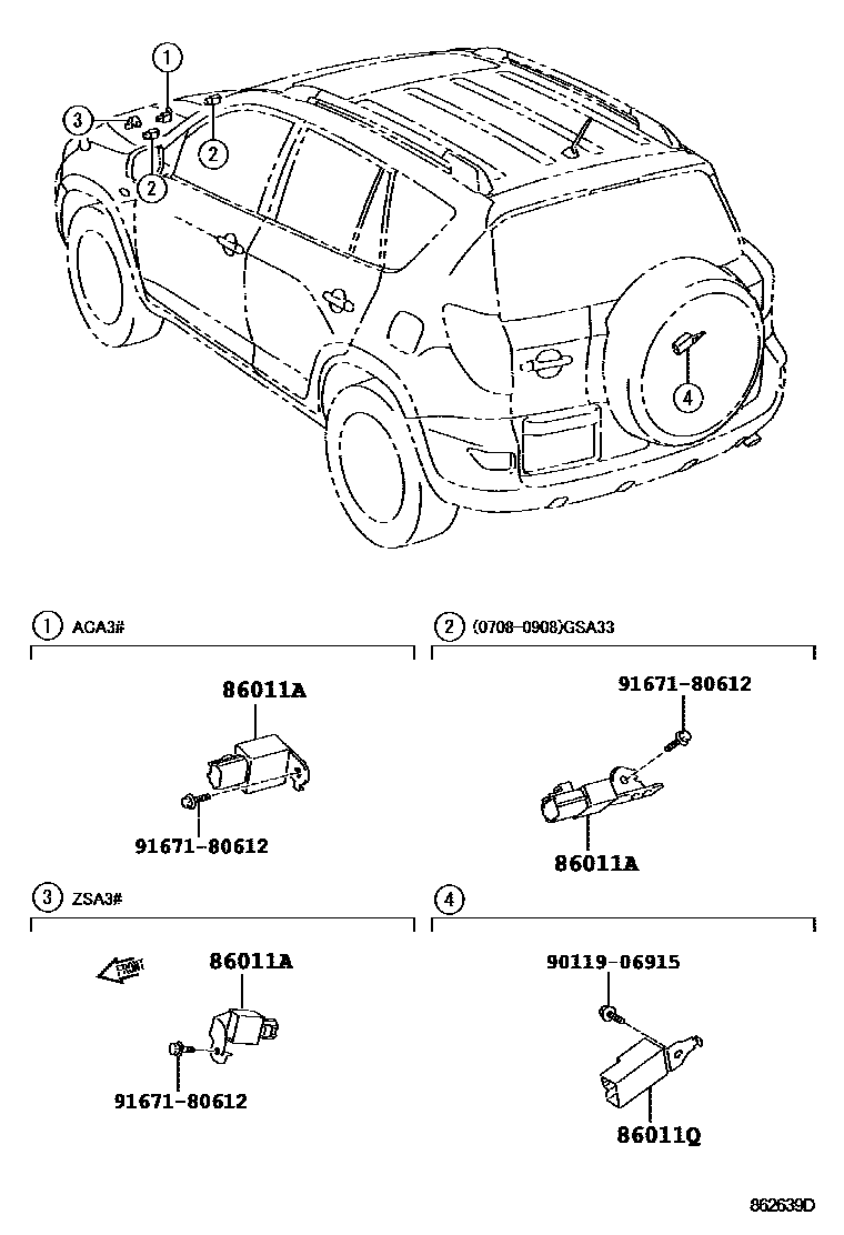 Toyota RAV4 收音机、放大器和冷凝器 EPC diagram — 862639D