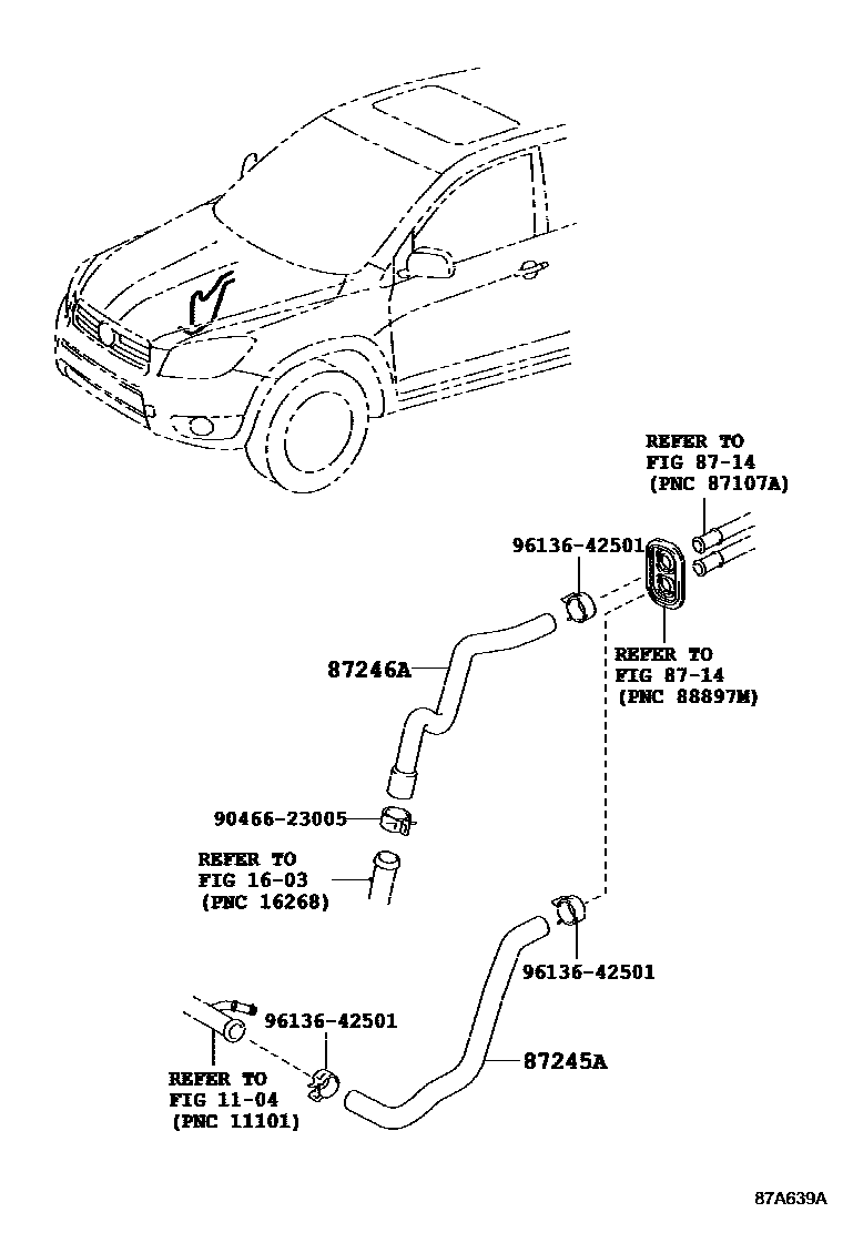 Toyota RAV4 暖风和空调系统 - 水管 EPC diagram — 87A639A