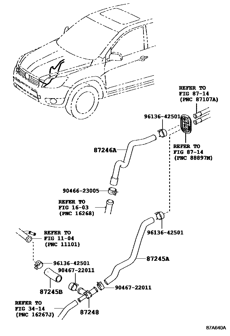 Toyota RAV4 暖风和空调系统 - 水管 EPC diagram — 87A640A
