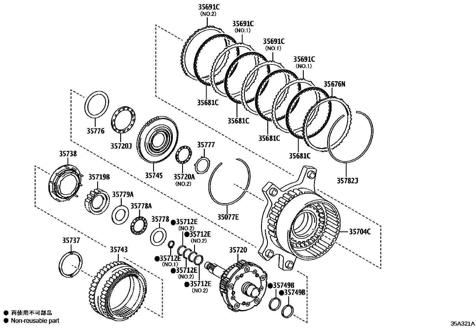 Toyota RAV4 行星齿轮、倒档活塞和中间轴齿轮(ATM) EPC diagram — 35A321A