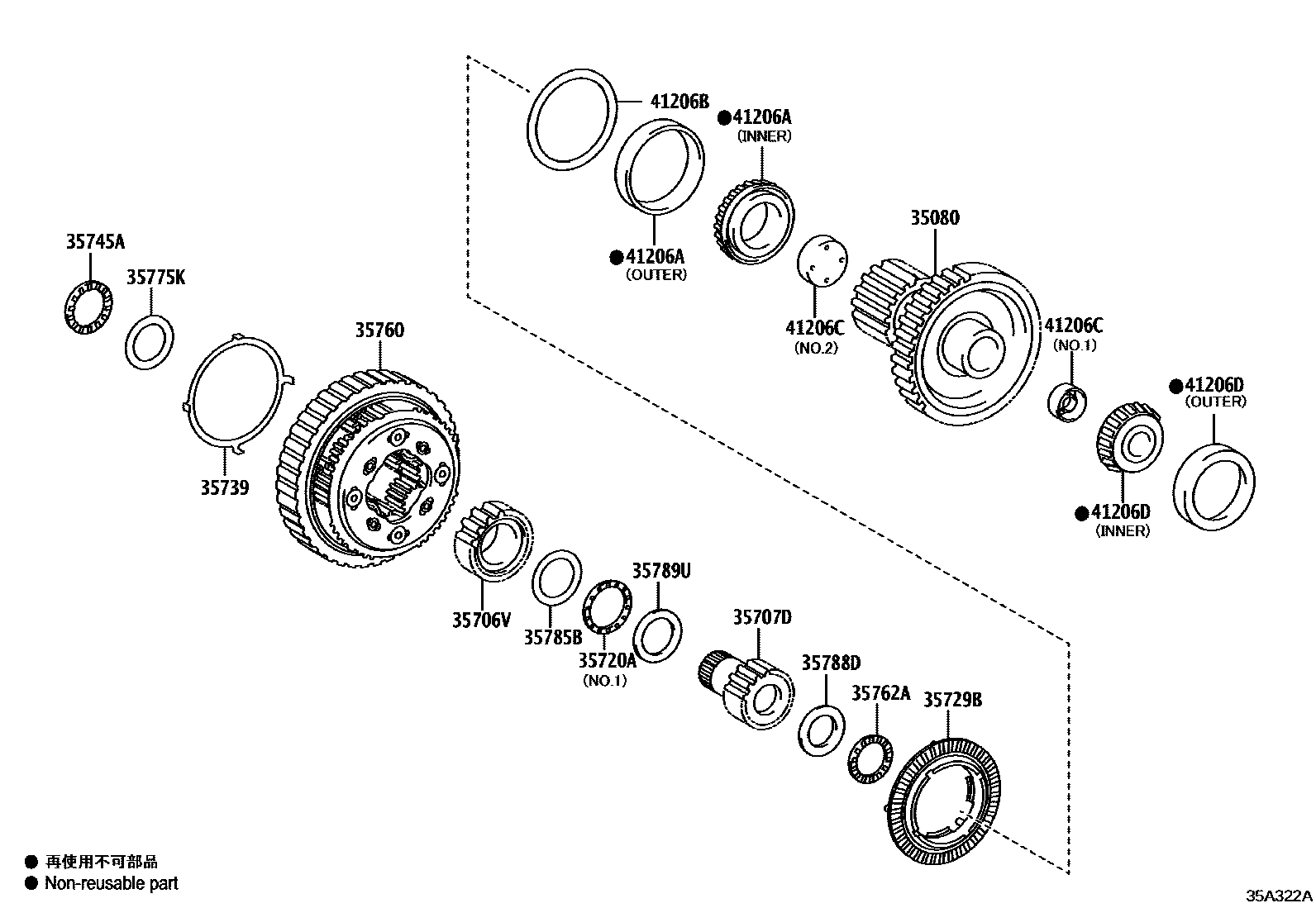 Toyota RAV4 行星齿轮、倒档活塞和中间轴齿轮(ATM) EPC diagram — 35A322A
