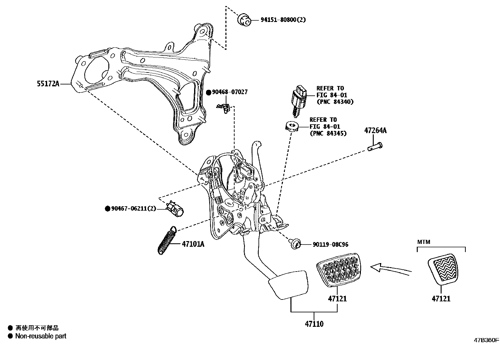Toyota RAV4 Brake Pedal & Bracket EPC diagram — 47B360F