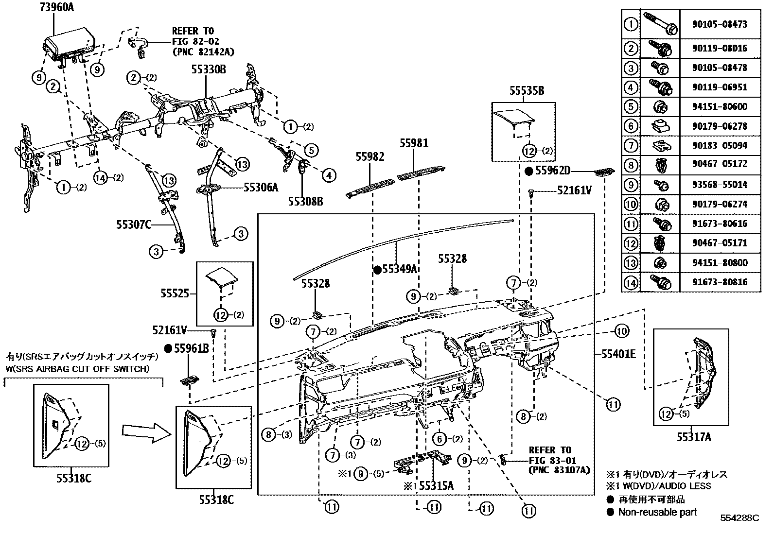 Toyota RAV4 仪表板和手套箱 EPC diagram — 554288C