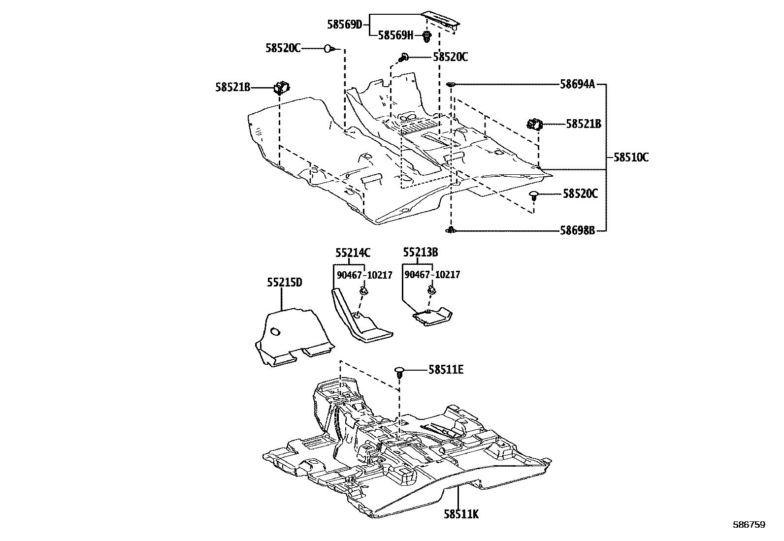 Toyota RAV4 地板垫和消声垫 EPC diagram — 586759
