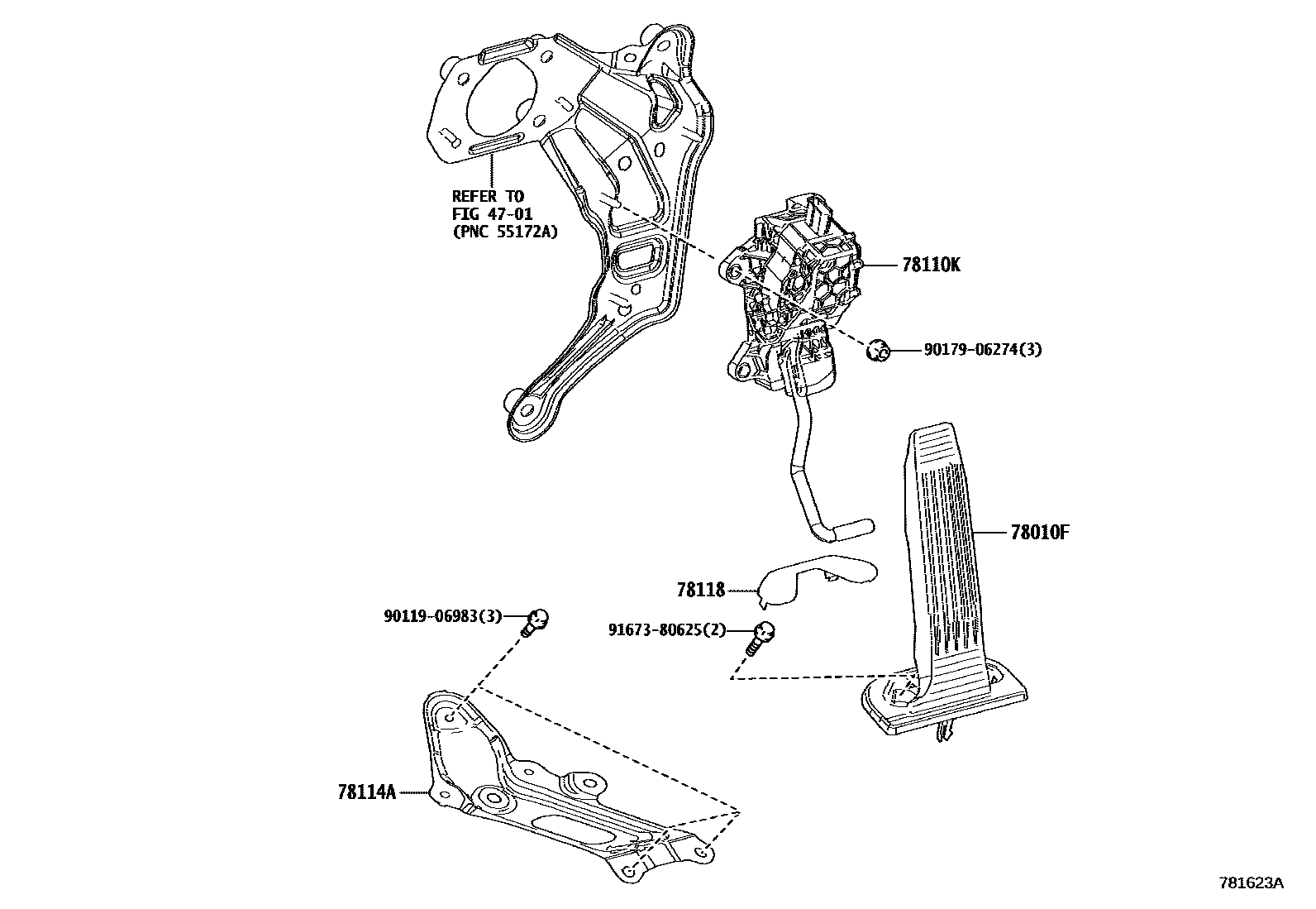 Toyota RAV4 accelerator pedal connecting rod EPC diagram — 781623A