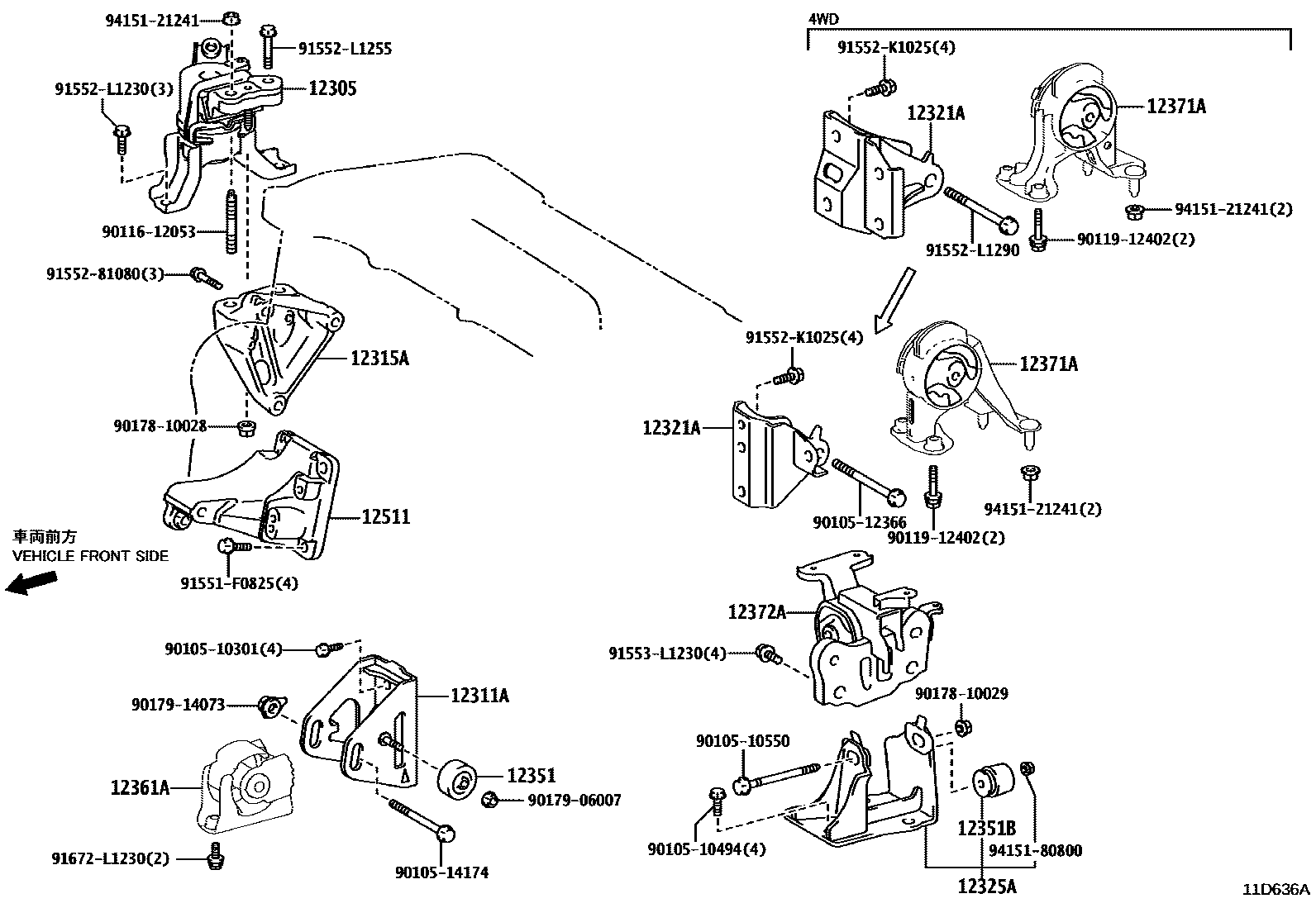 Toyota RAV4 Engine Mounting EPC diagram — 11D636A