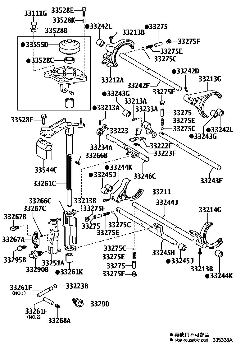 Toyota RAV4 换档拨叉和换档杆轴(MTM) EPC diagram — 335338A